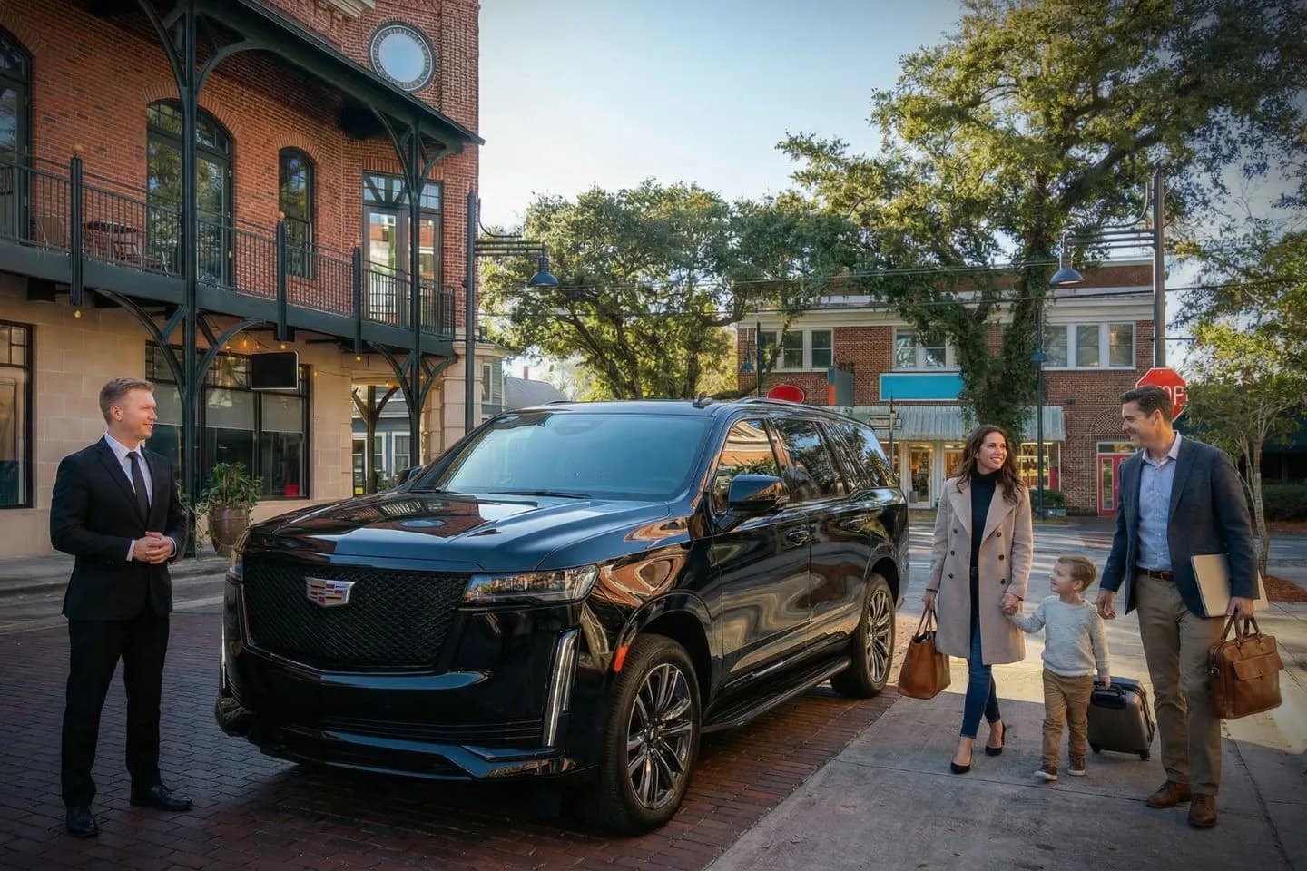 Mississippi chauffeur opening door for client beside black SUV in downtown city setting