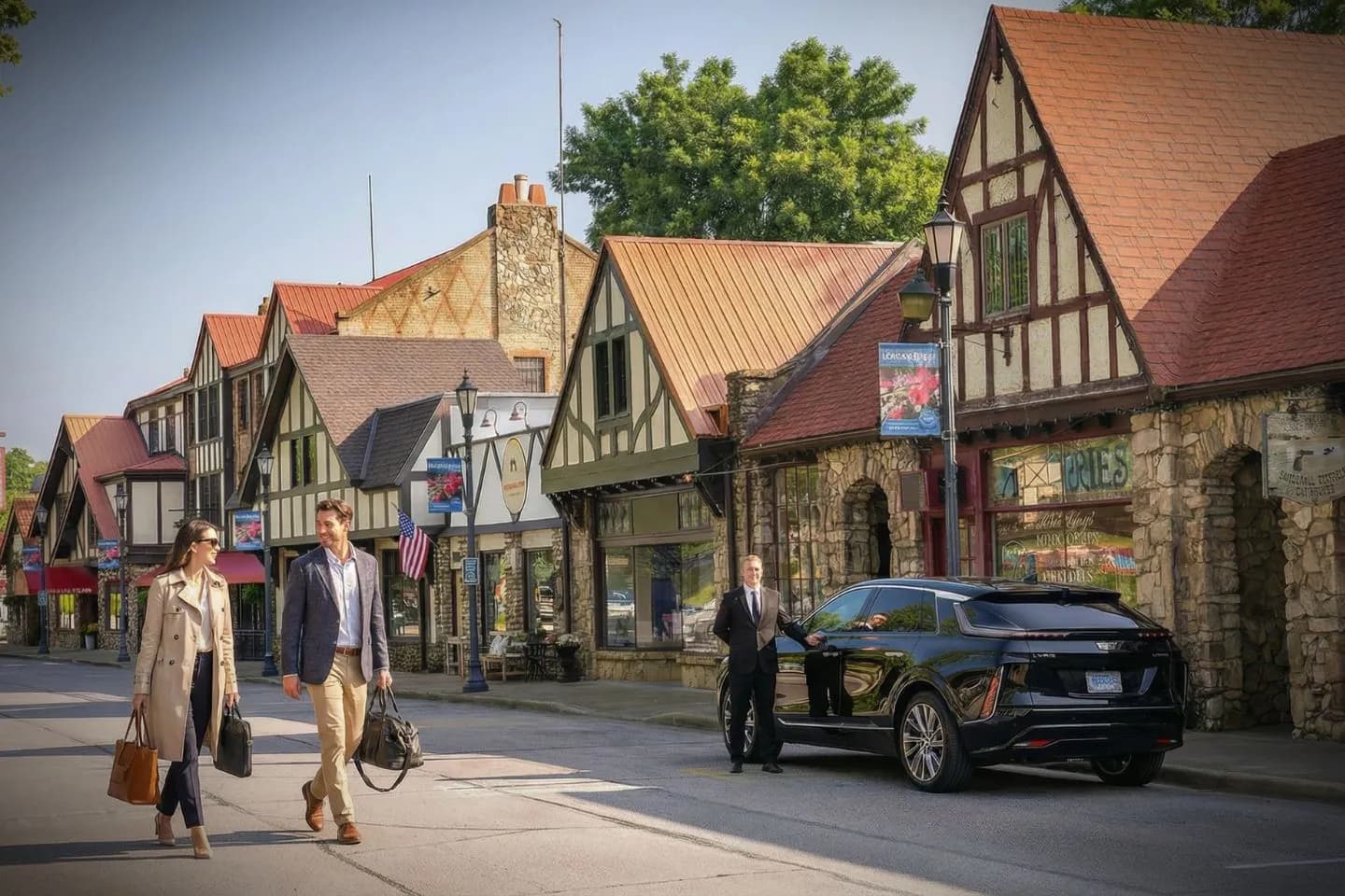 Missouri, MO chauffeur opening car door for executive client in luxury black vehicle downtown