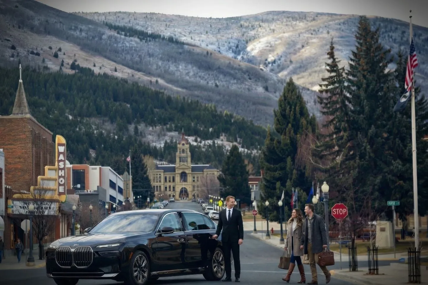 Luxury sedan from Montana, MT Chauffeur Service parked near scenic mountain highway