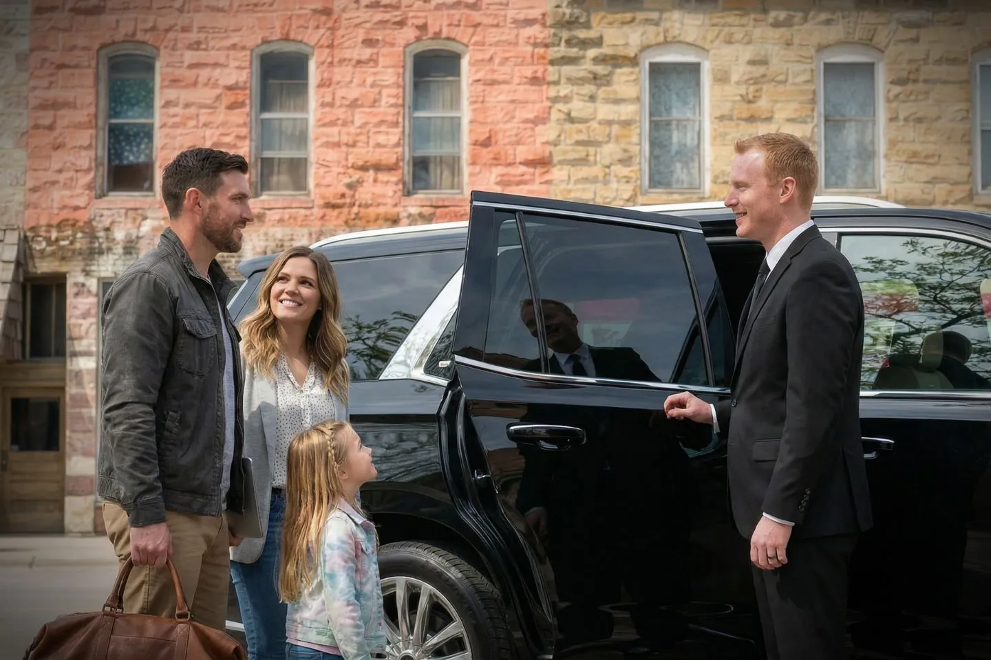 Luxury sedan from Nebraska, NE Chauffeur Service parked outside upscale hotel entrance