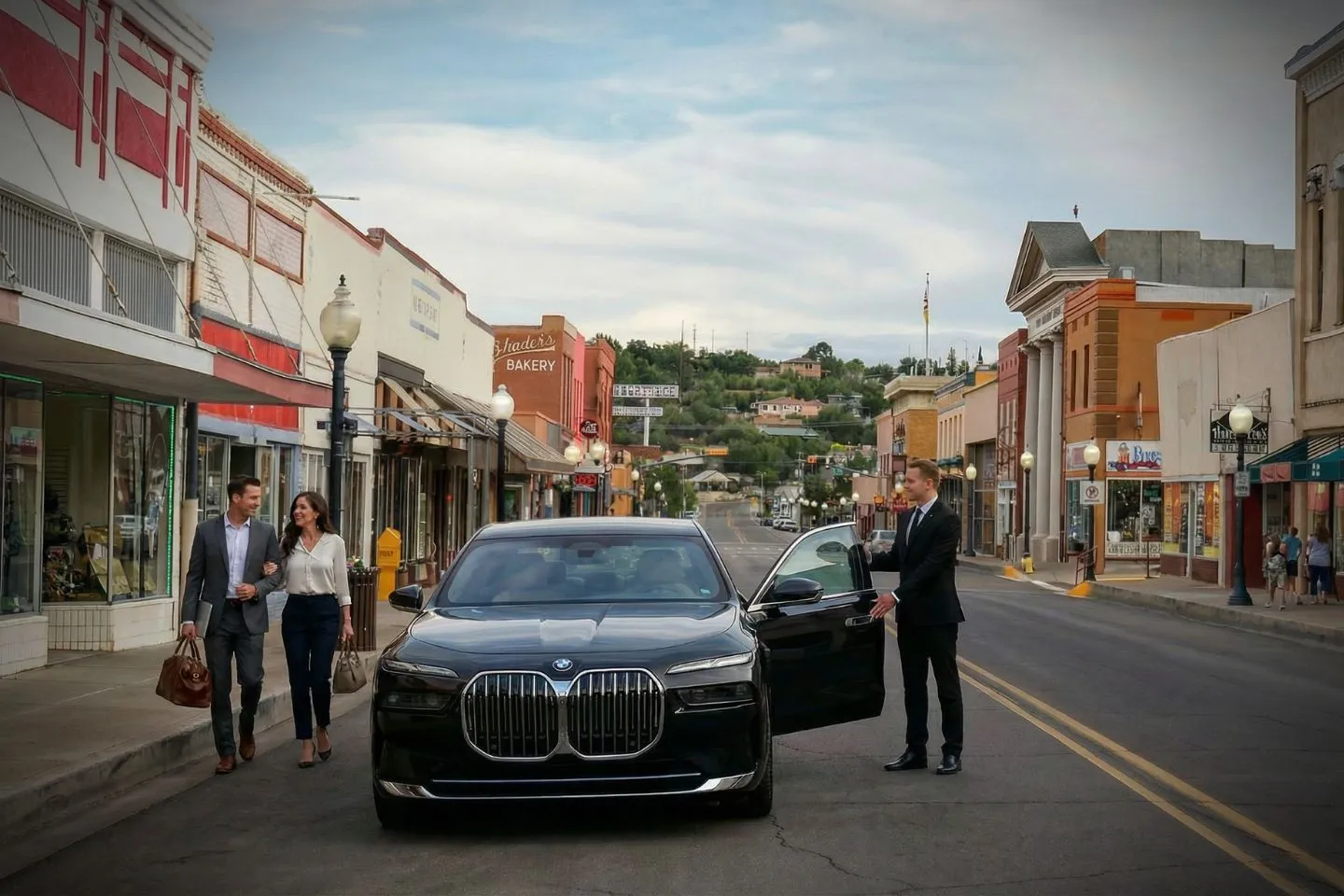 Professional driver opening door for client using New Mexico, NM Chauffeur Service in city setting