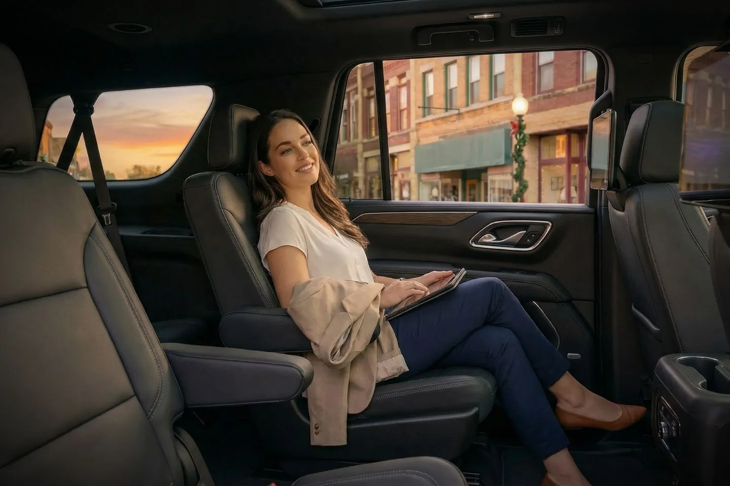 Business traveler using North Dakota ND chauffeur service in premium sedan driving through downtown streets