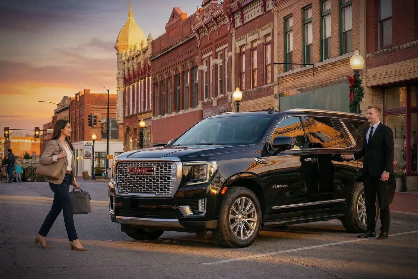 Professional chauffeur opening door for client using North Dakota ND chauffeur service luxury black SUV in city setting