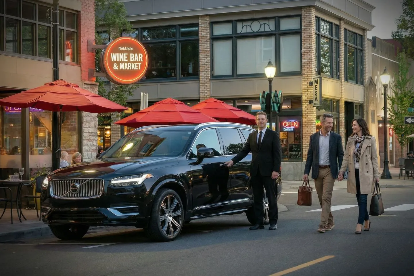 Luxury sedan from Oregon, OR Chauffeur Service parked in downtown Oregon with professional driver