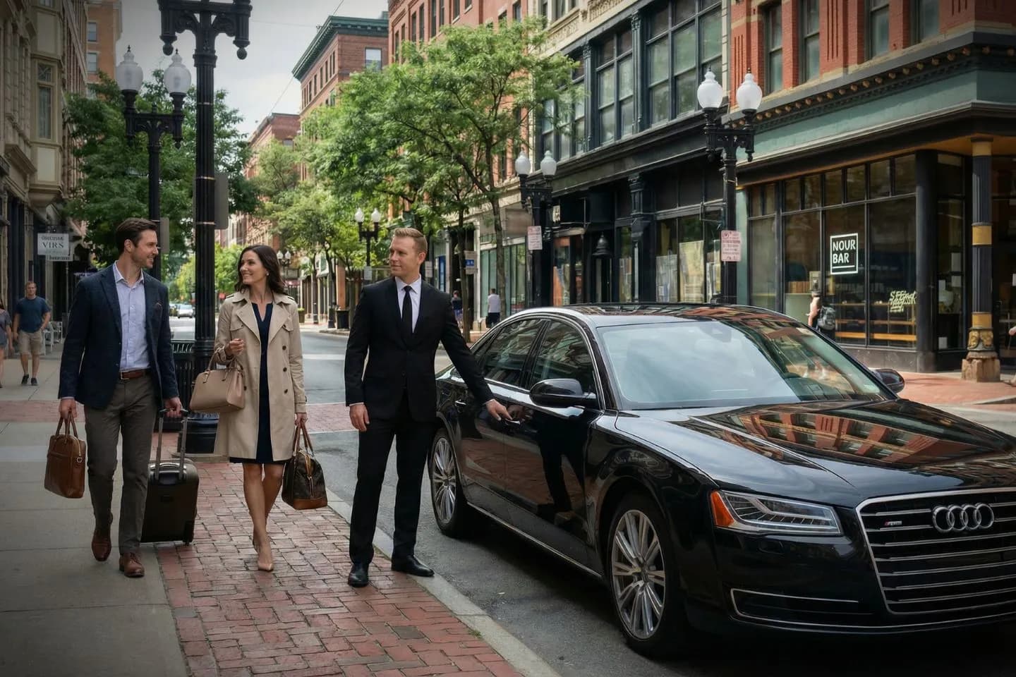 Black executive car and professional driver offering Rhode Island RI Chauffeur Service for business travel