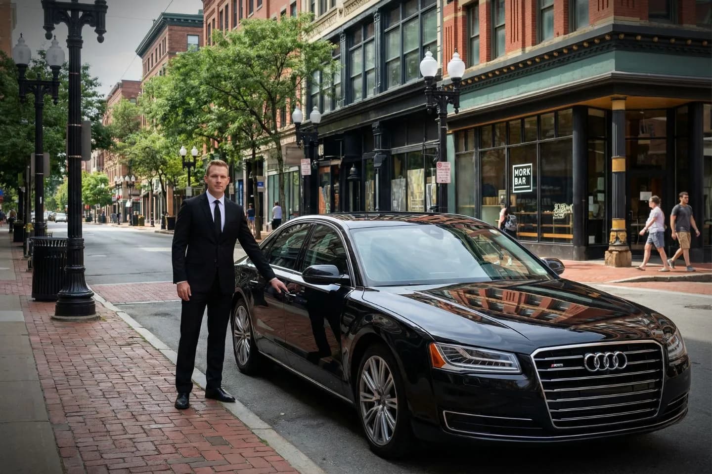 Luxury sedan with chauffeur in Rhode Island RI Chauffeur Service airport transfer arriving at terminal