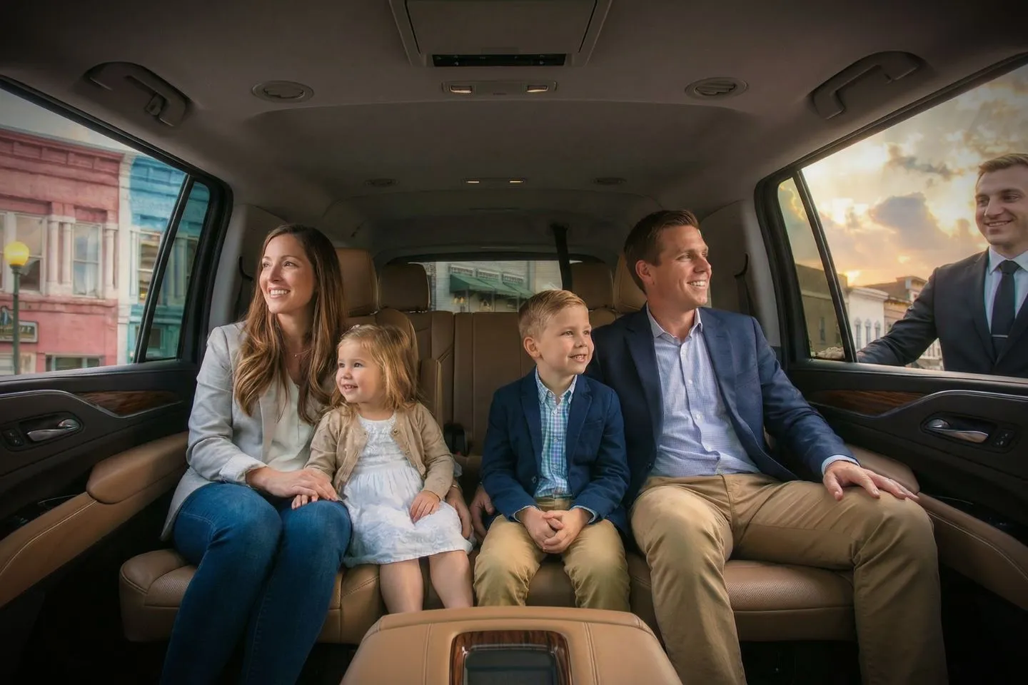 Professional chauffeur opening car door luxury ride South Carolina, SC Chauffeur Service in downtown Charleston streets