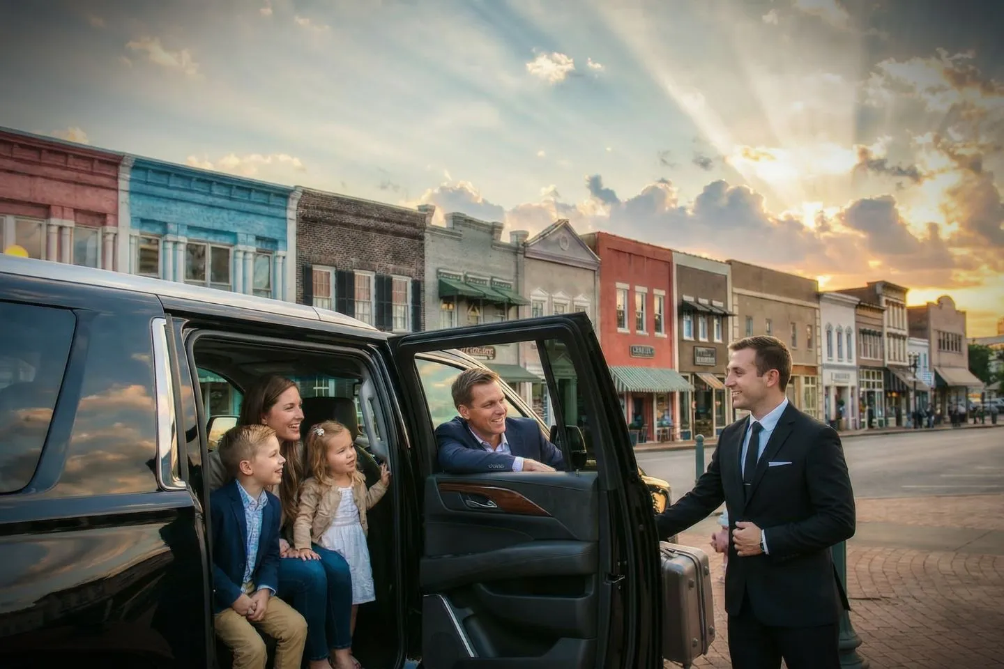 Stretch limousine waiting outside hotel delivering South Carolina, SC Chauffeur Service for weddings and events