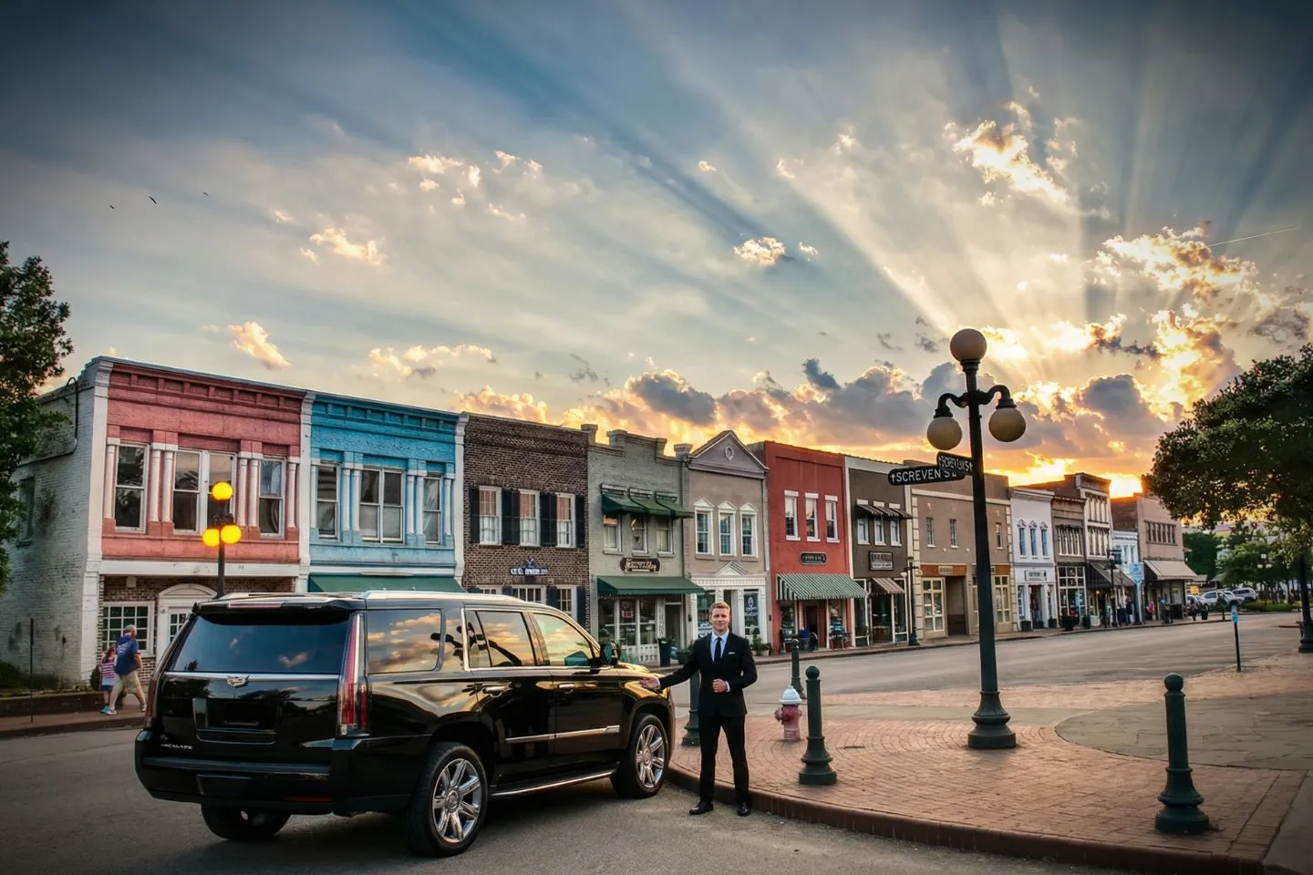 Luxury black sedan with chauffeur at airport offering South Carolina, SC Chauffeur Service arrivals and departures