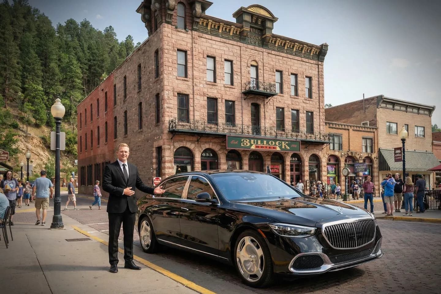 Luxury black sedan South Dakota SD Chauffeur Service airport pickup in professional chauffeur uniform