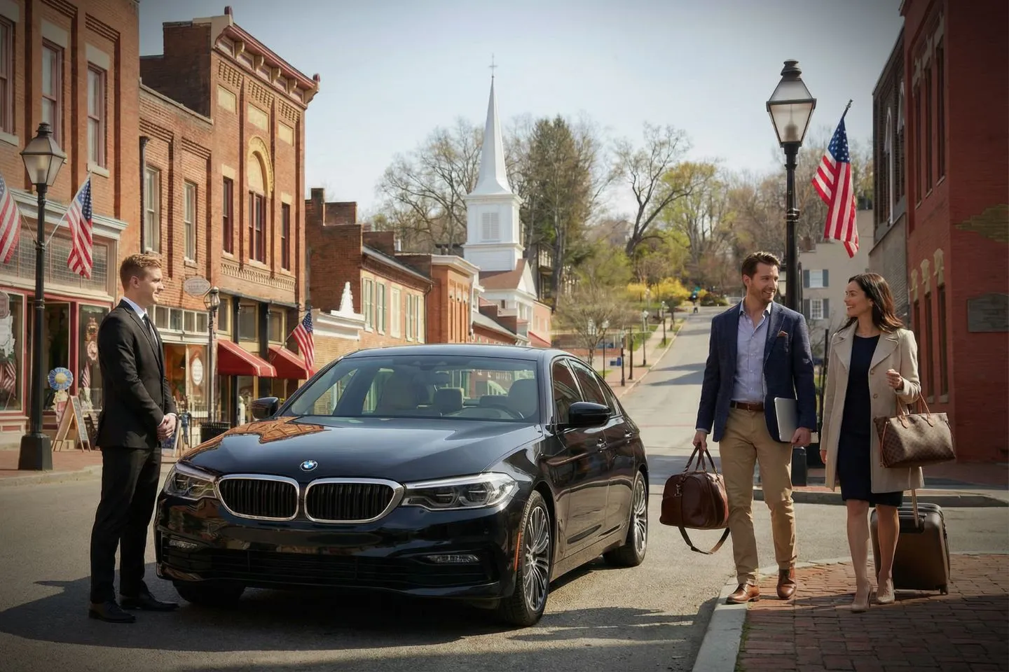 Airport pickup scene with elegant black car and driver Tennessee, TN Chauffeur Service in action