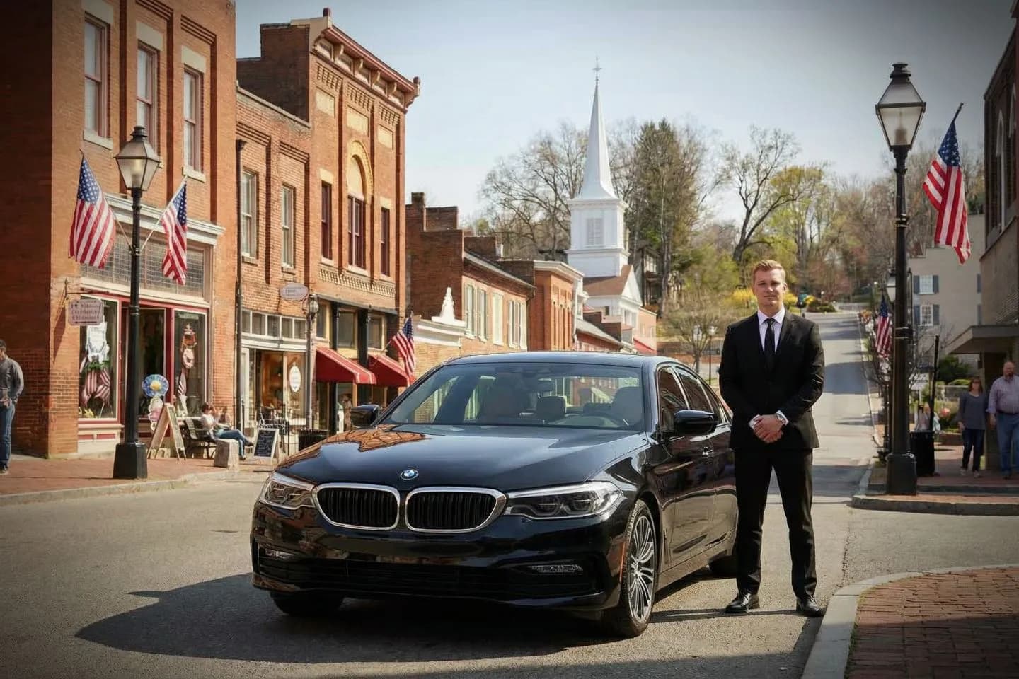 Chauffeur opening car door for client luxury SUV Tennessee TN chauffeur service in Tennessee setting