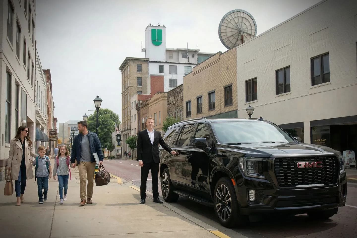 Luxury sedan with West Virginia, WV Chauffeur Service parked in downtown area ready for executive pickup