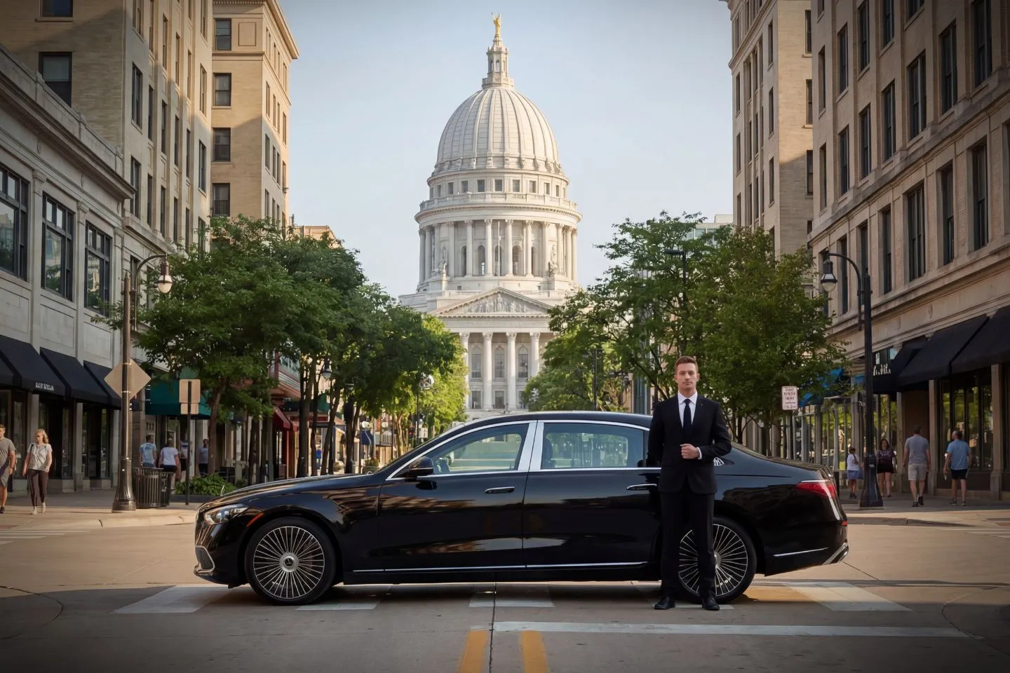 Chauffeur assisting passenger with luggage in Wisconsin, WI Chauffeur Service scene