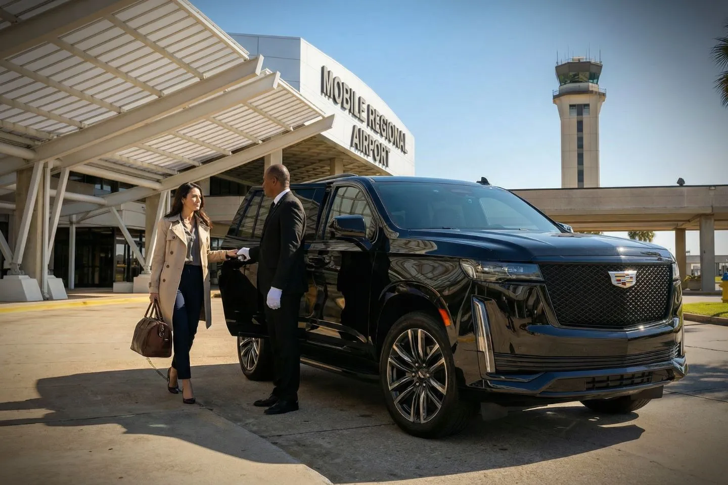 Executive passenger riding in Alabama car service with clean interior and leather seats