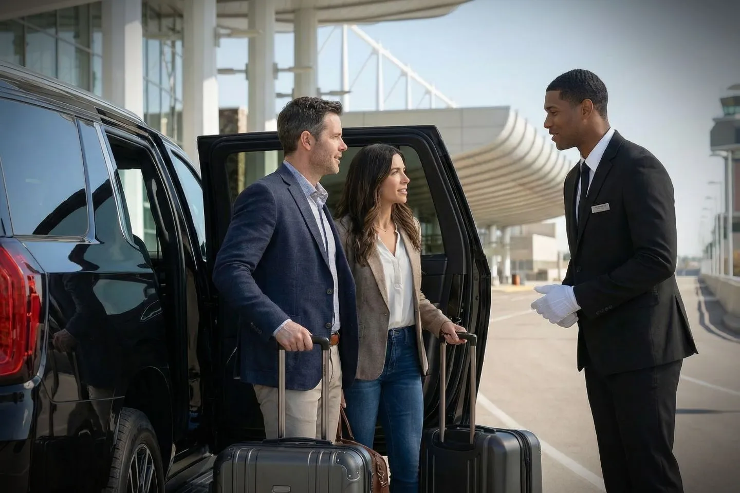 Professional Alaska, AK car service chauffeur opening door for client in downtown setting