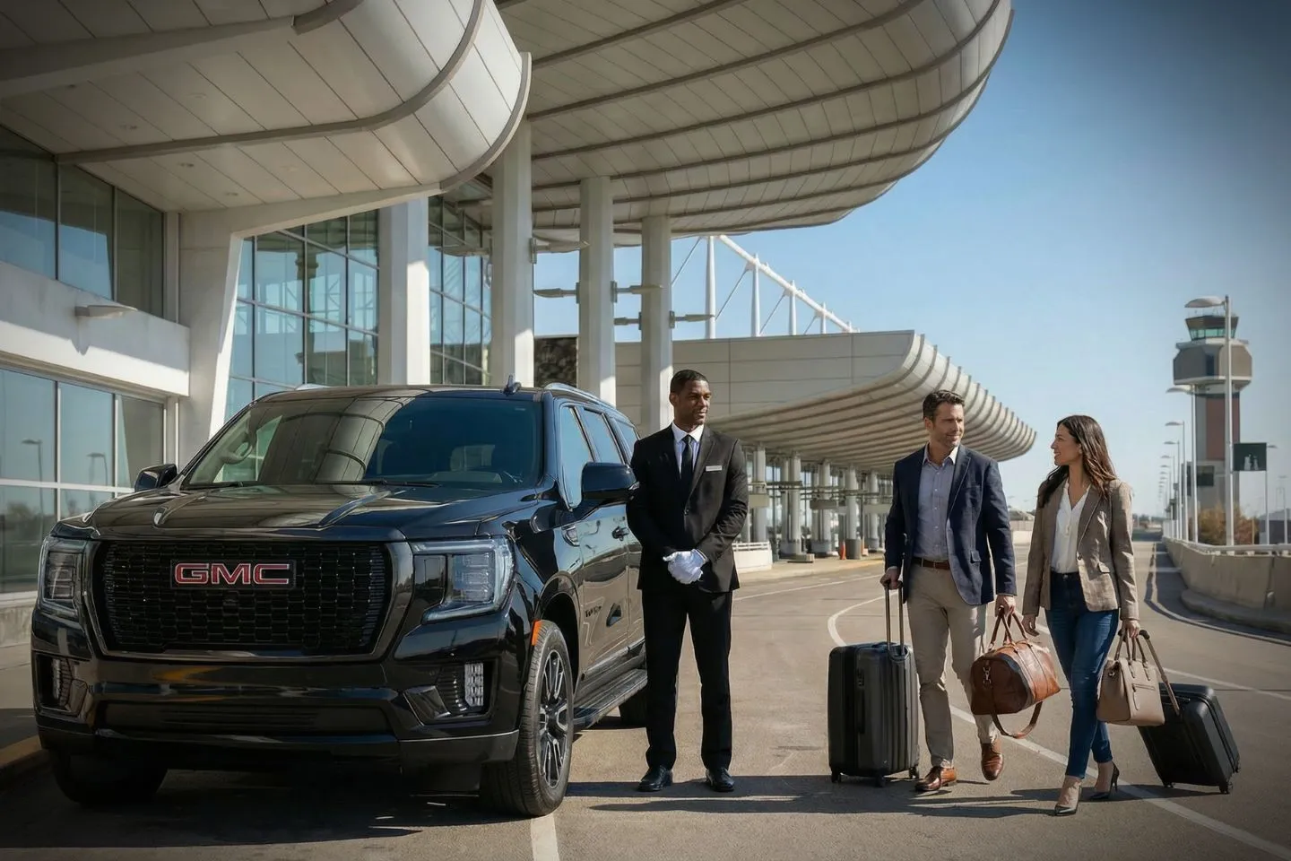 Alaska, AK Car Service luxury black SUV with chauffeur parked near snowy airport terminal