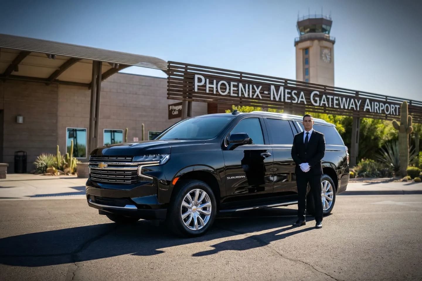 Luxury sedan from Arizona, AZ Car Service parked outside upscale hotel with professional chauffeur ready for pickup