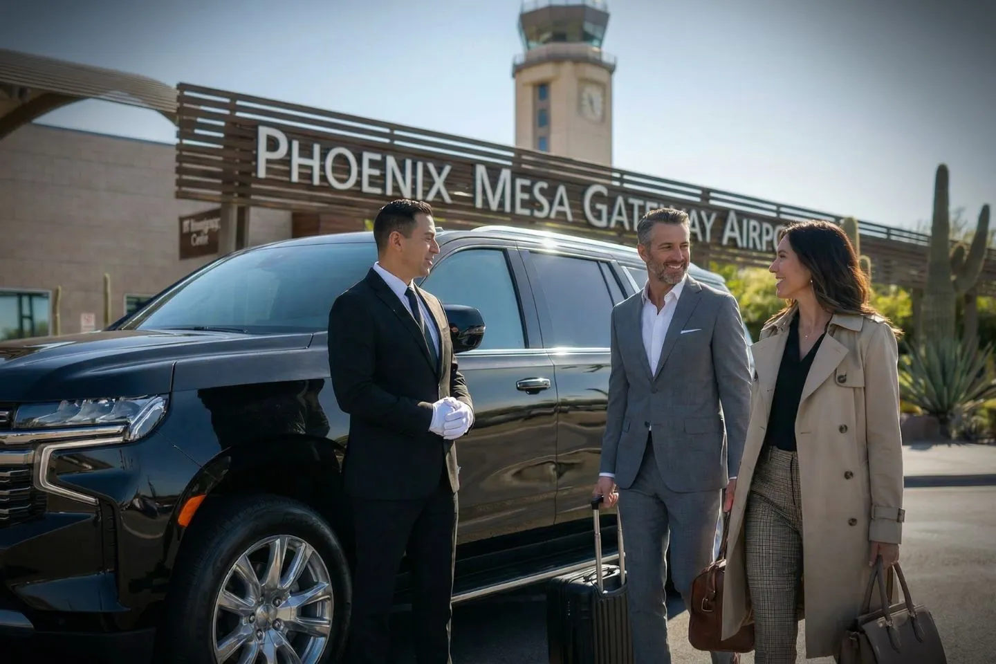 Executive SUV from Arizona, AZ Car Service driving through downtown Phoenix at sunset
