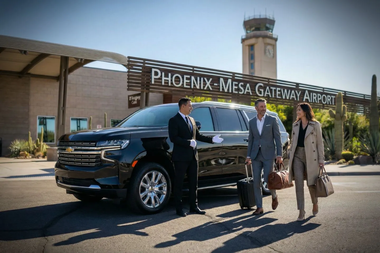 Arizona, AZ Car Service chauffeur assisting passenger with luggage at airport terminal curbside