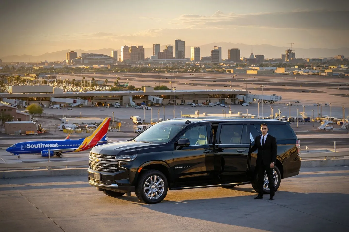 Arizona, AZ Car Service vehicle arriving on time for airport transfer with passenger boarding safely