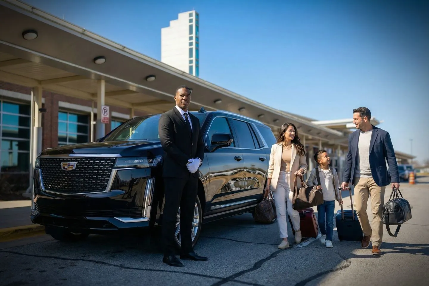 Luxury sedan from Arkansas, AR Car Service parked outside airport terminal with professional chauffeur ready for pickup