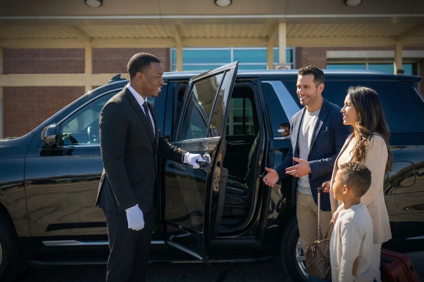 Chauffeur opening door for passenger using Arkansas, AR Car Service luxury black car in downtown Arkansas