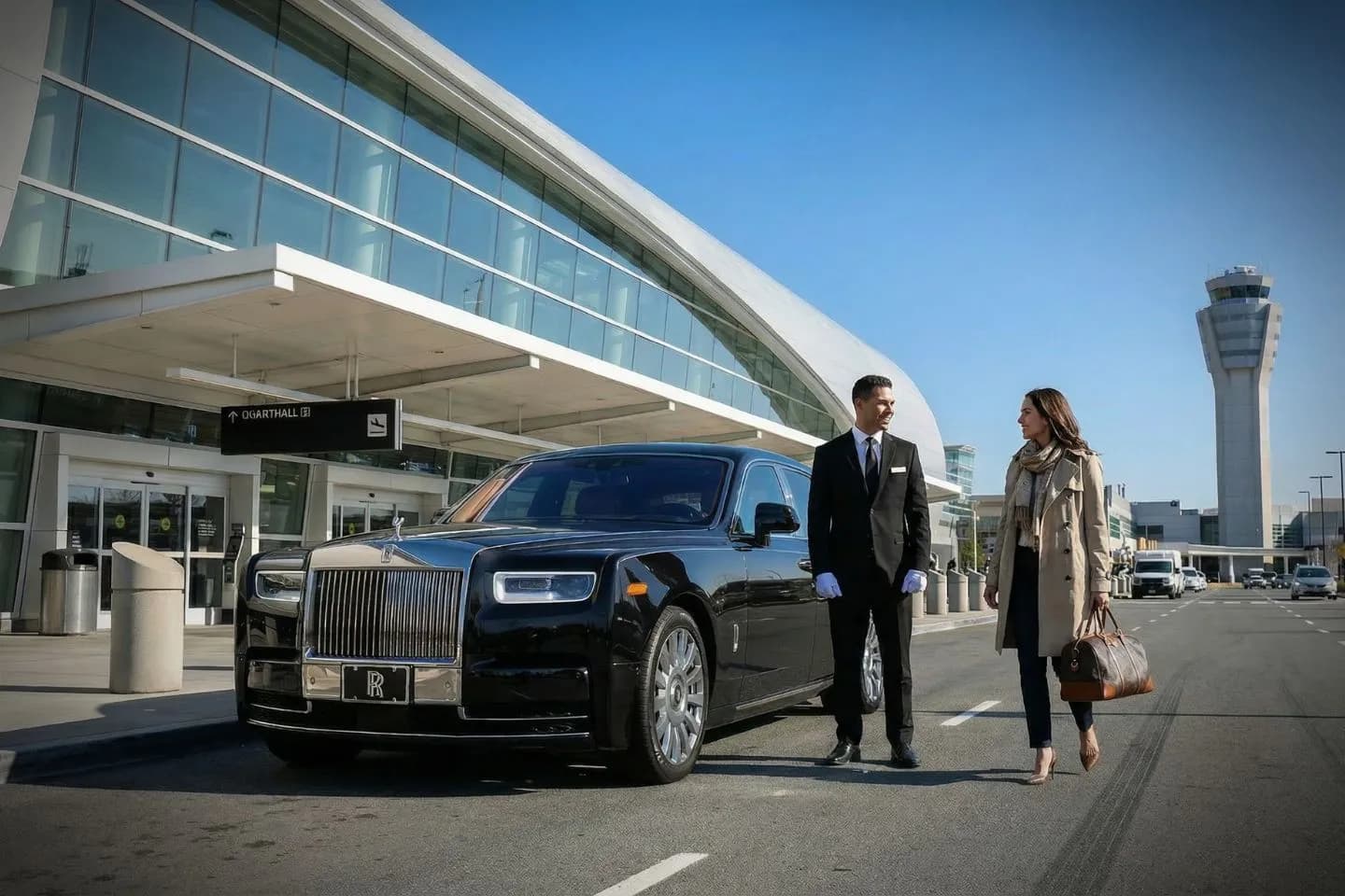 California, CA Car Service luxury sedan with professional chauffeur parked outside modern city hotel