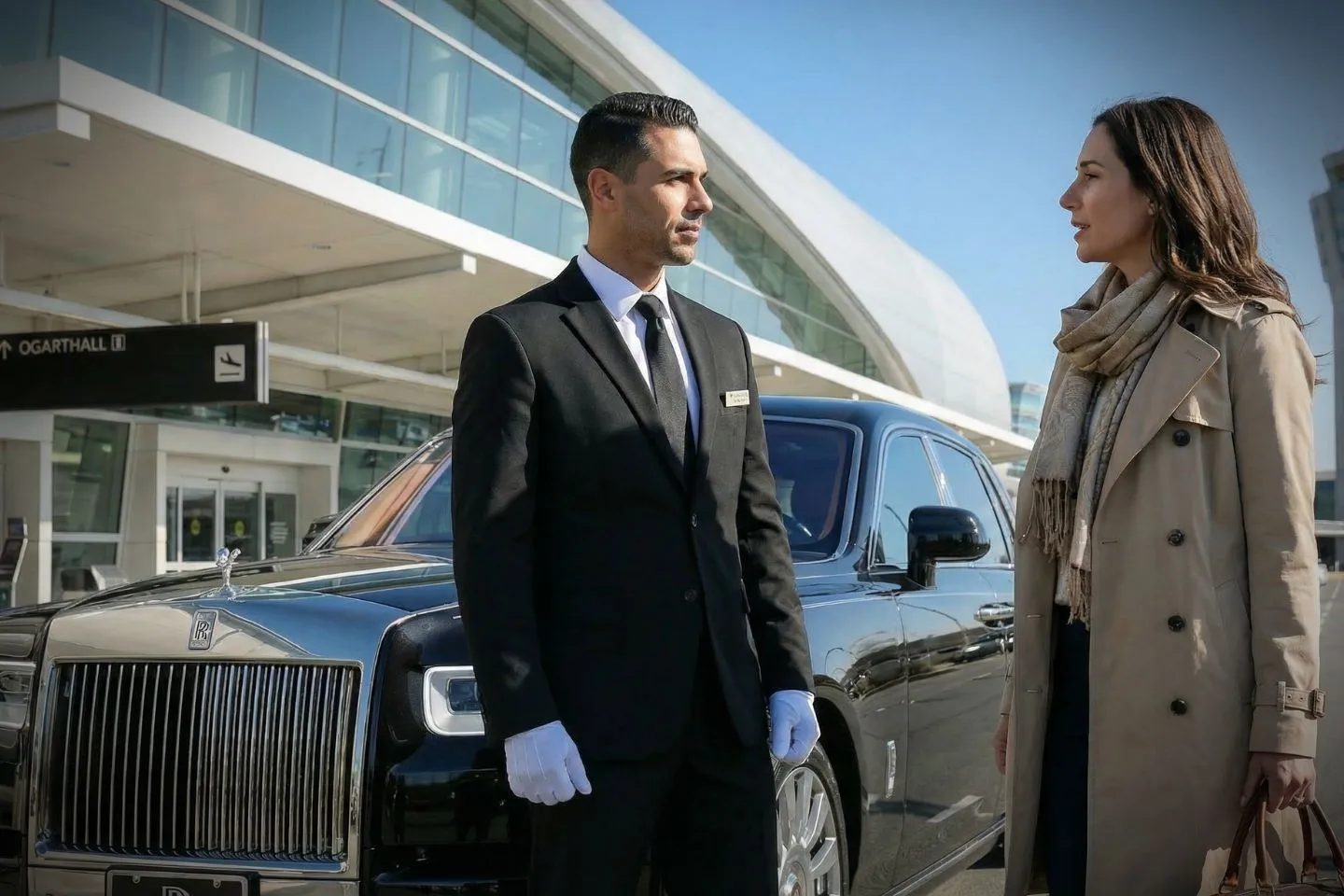 Chauffeur opening door for client using California, CA Car Service luxury black car in downtown area