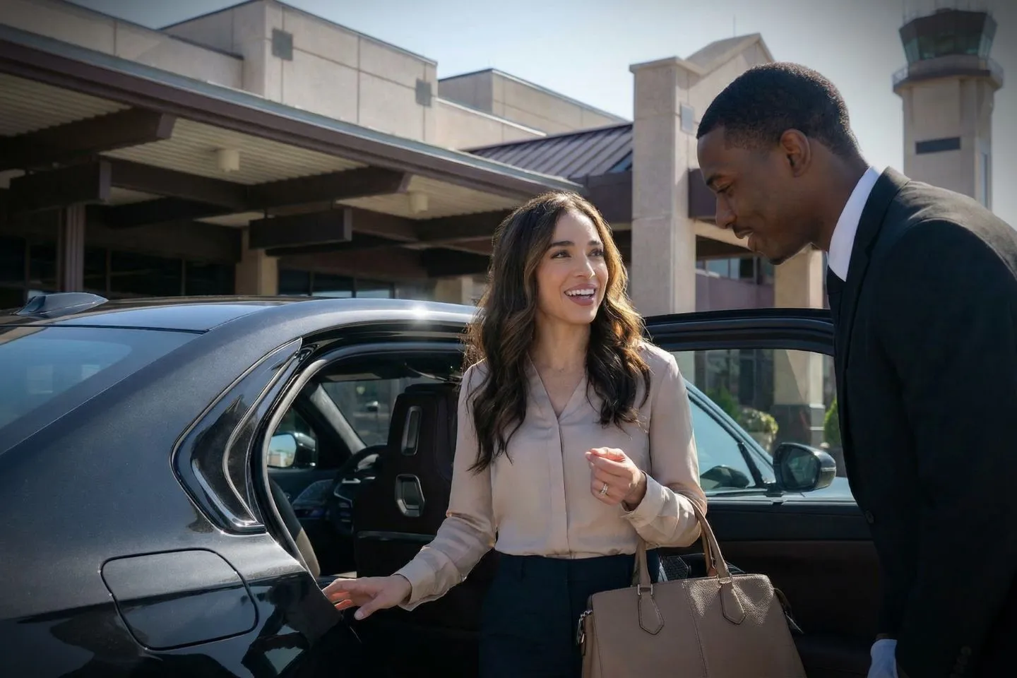 Chauffeur assisting passenger into black SUV from Colorado, CO Car Service in downtown Denver business district