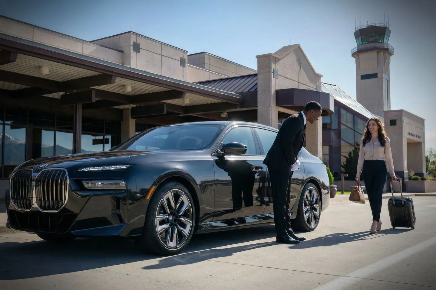 Luxury sedan from Colorado, CO Car Service parked outside Denver airport with professional chauffeur ready for pickup