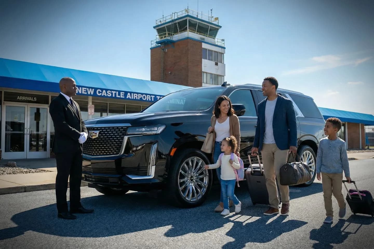 Chauffeur opening door for client using Delaware, DE car service luxury black SUV