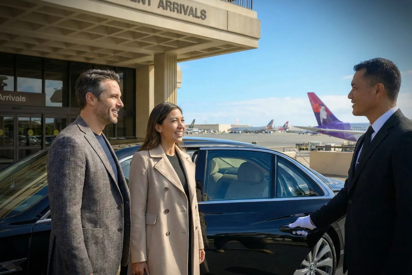 Professional driver from Hawaii, HI Car Service assisting passenger with luggage at resort entrance