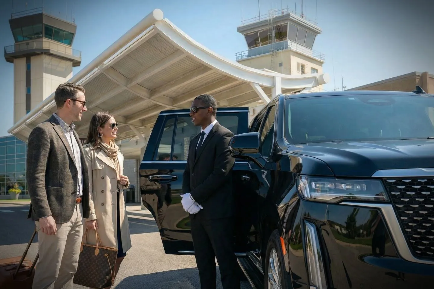 Luxury sedan from Idaho, ID Car Service parked outside airport terminal with professional chauffeur assisting passenger