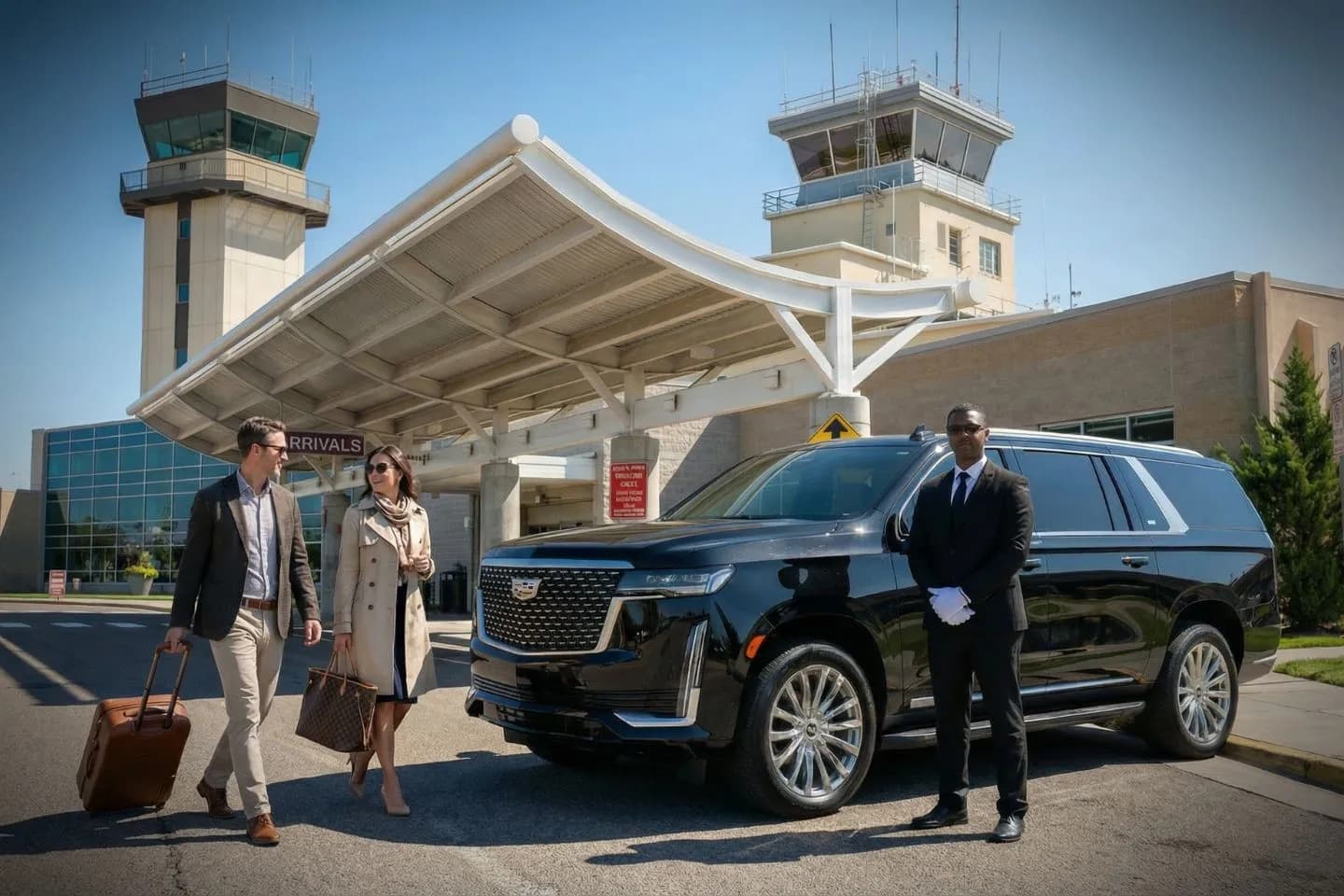 Black luxury SUV from Idaho car service waiting outside hotel with chauffeur for corporate client pickup