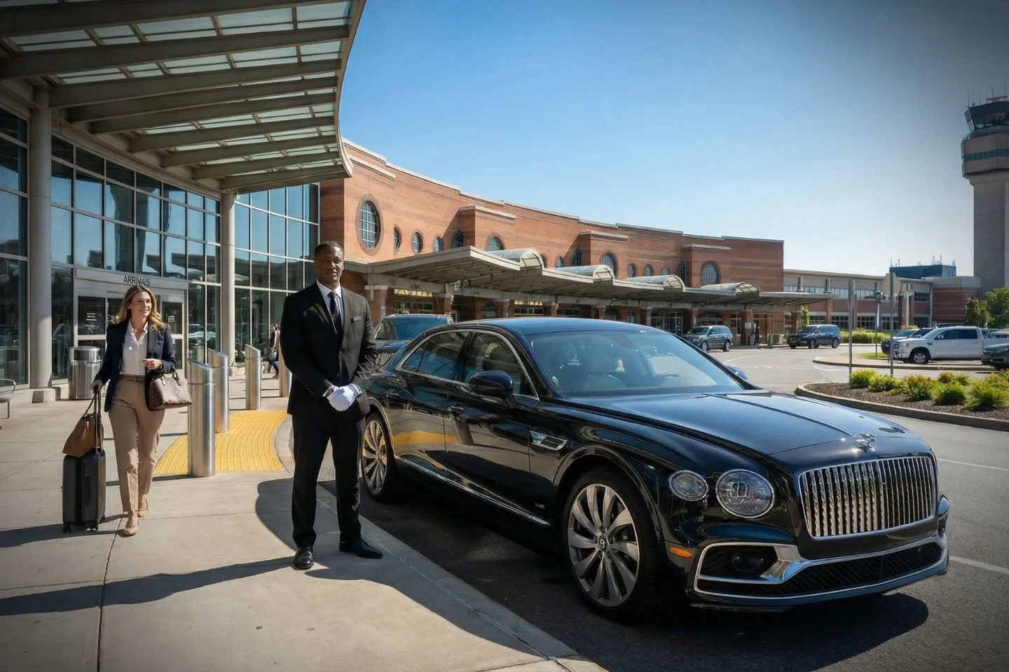 Luxury sedan from Kentucky, KY Car Service parked outside airport terminal with professional chauffeur