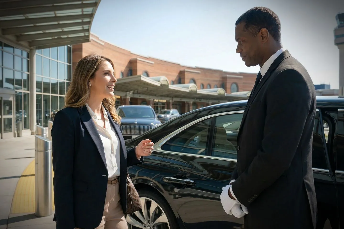 Chauffeur opening door for passenger using Kentucky, KY Car Service in downtown city setting