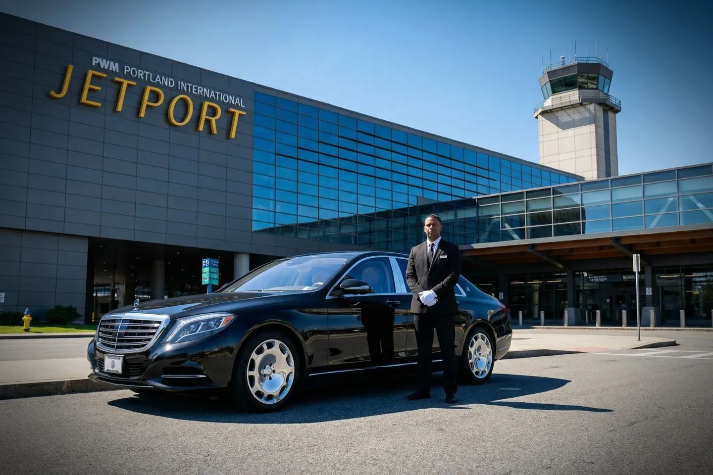 Luxury sedan arriving for Maine, ME Car Service airport pickup in Portland Maine with professional chauffeur