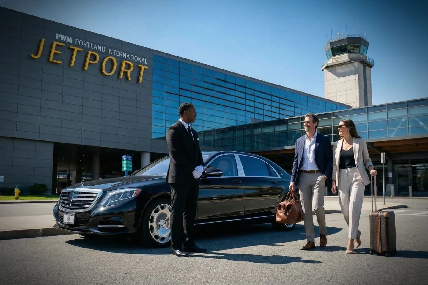 Private chauffeur assisting passenger with luggage Maine, ME Car Service executive travel in Maine downtown area