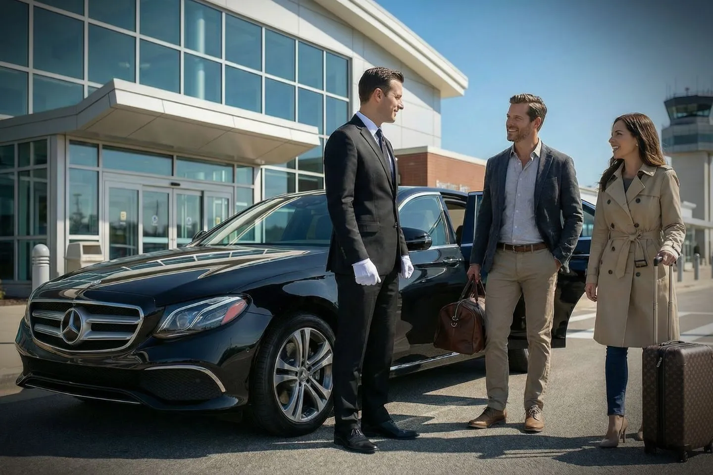 Luxury sedan arriving for Massachusetts, MA Car Service airport transfer in Boston downtown street