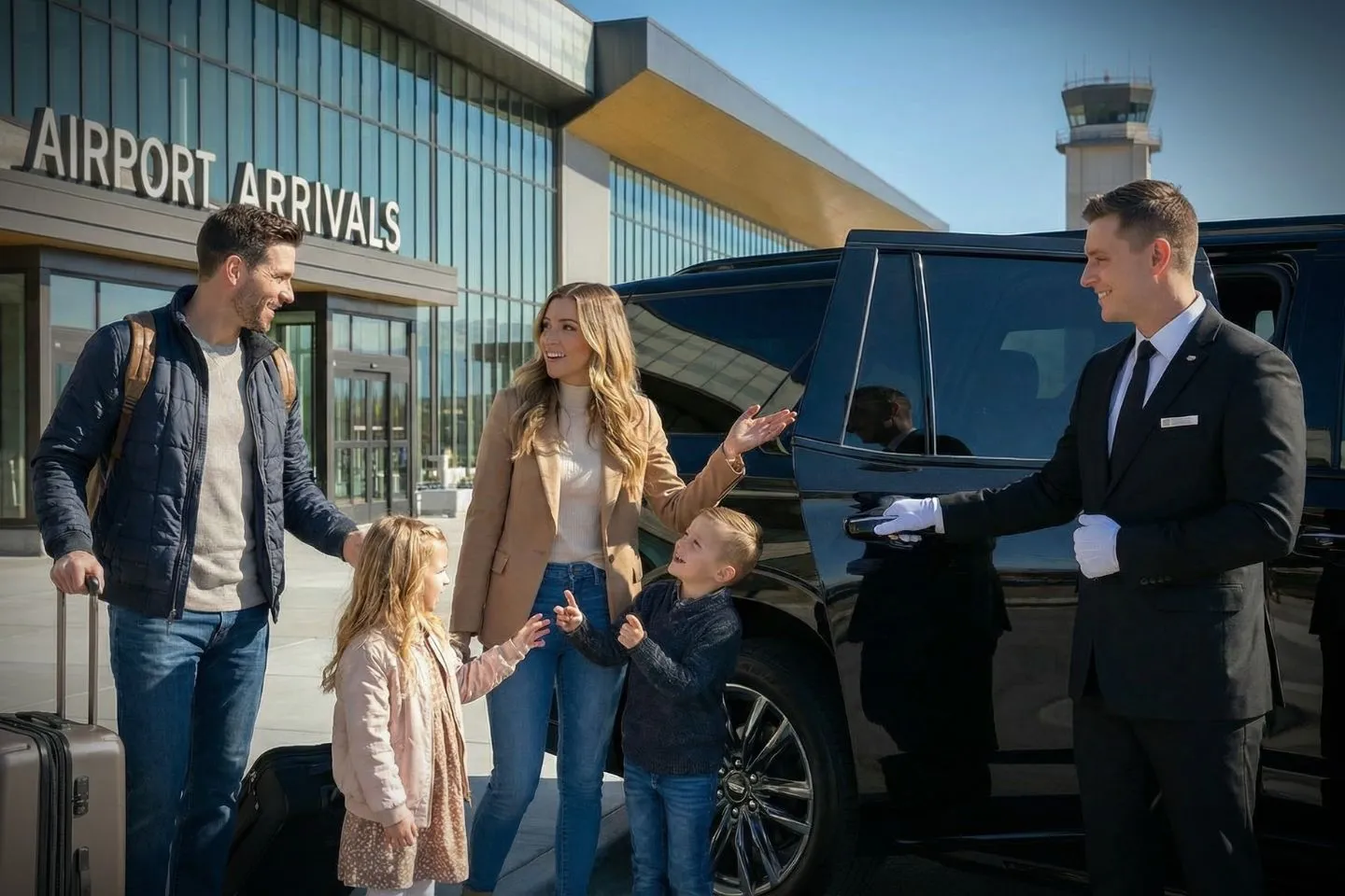 Montana MT Car Service chauffeur opening car door at airport terminal in Montana city