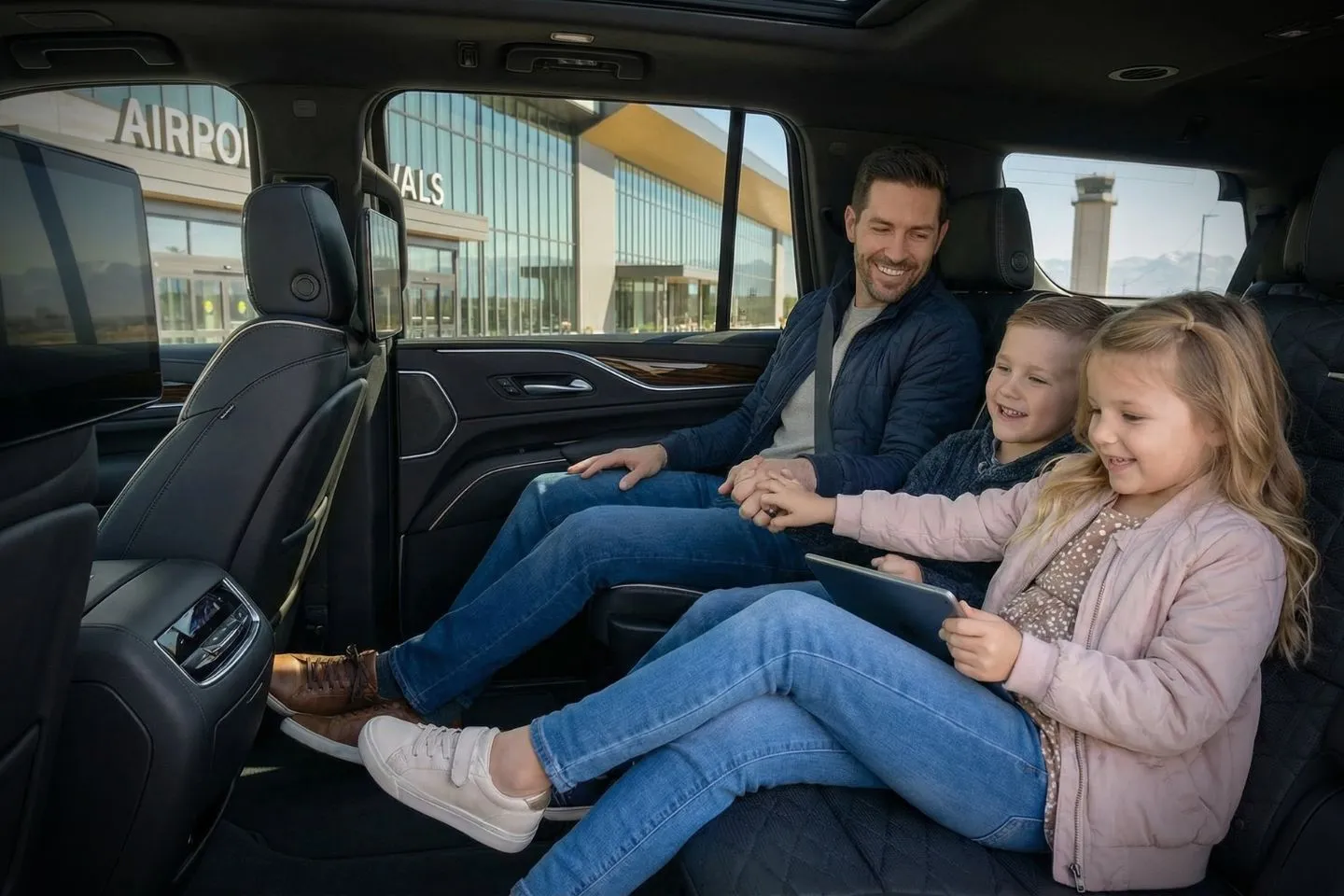 luxury sedan waiting curbside Montana MT Car Service professional driver assisting passenger luggage