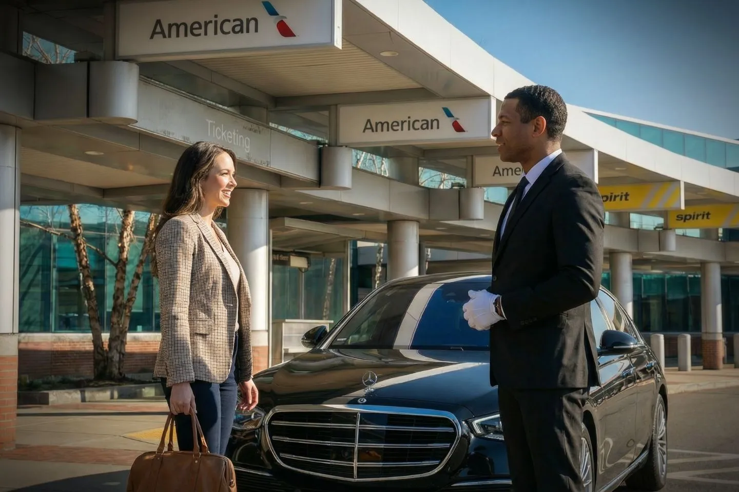 Executive Nevada NV Car Service black car waiting outside hotel entrance in Nevada city