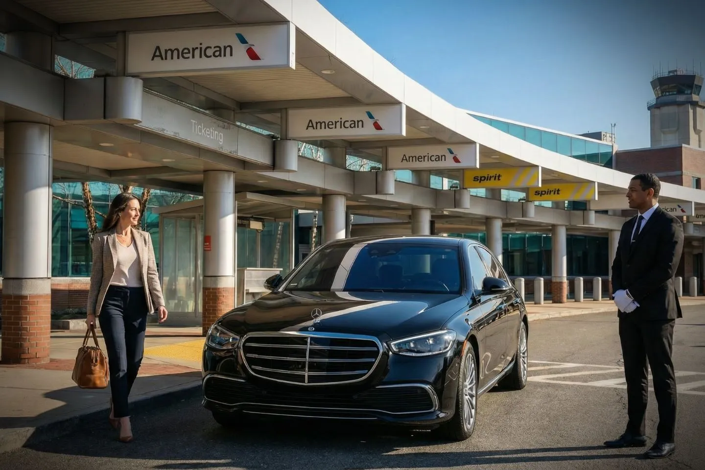 Luxury sedan Nevada NV Car Service airport pickup with professional chauffeur in Las Vegas style setting