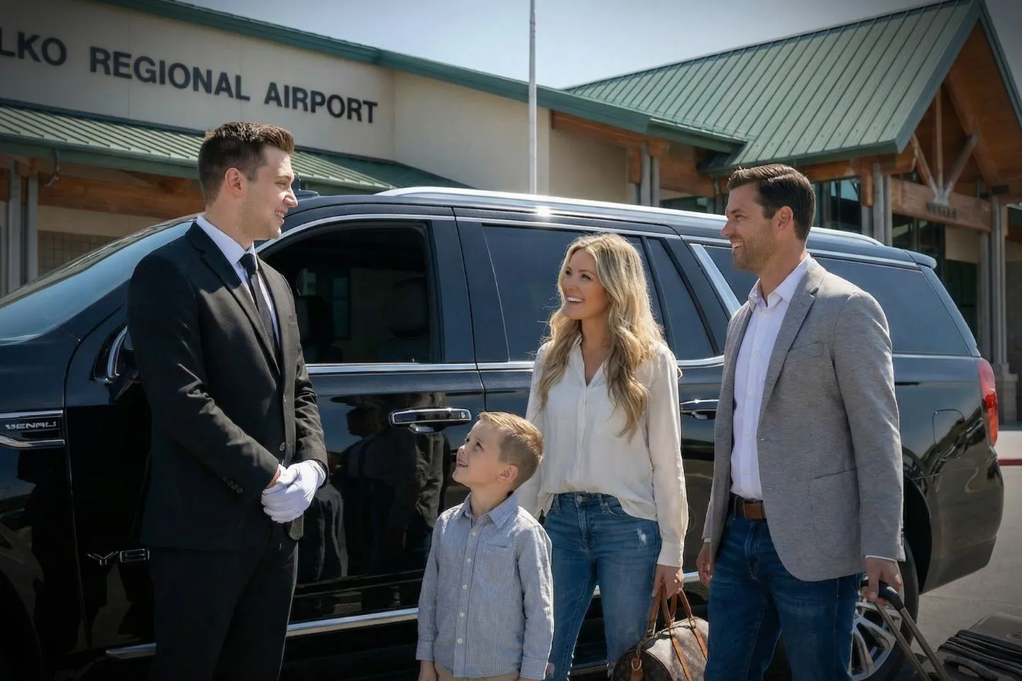 Luxury sedan from New Hampshire, NH Car Service parked outside airport terminal with professional chauffeur