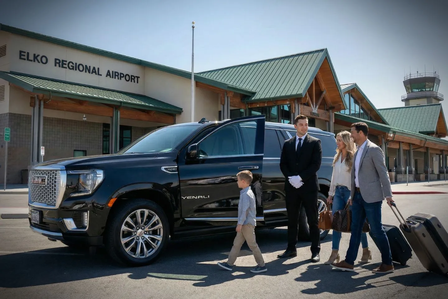 Nighttime pickup scene with New Hampshire, NH Car Service vehicle and chauffeur assisting passenger
