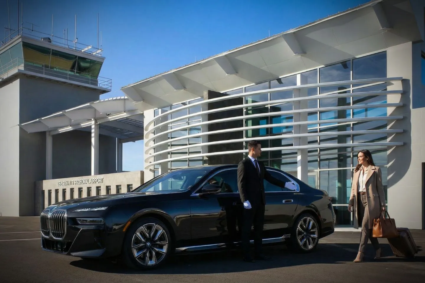 Luxury sedan from New Mexico, NM Car Service parked at Albuquerque airport with professional chauffeur