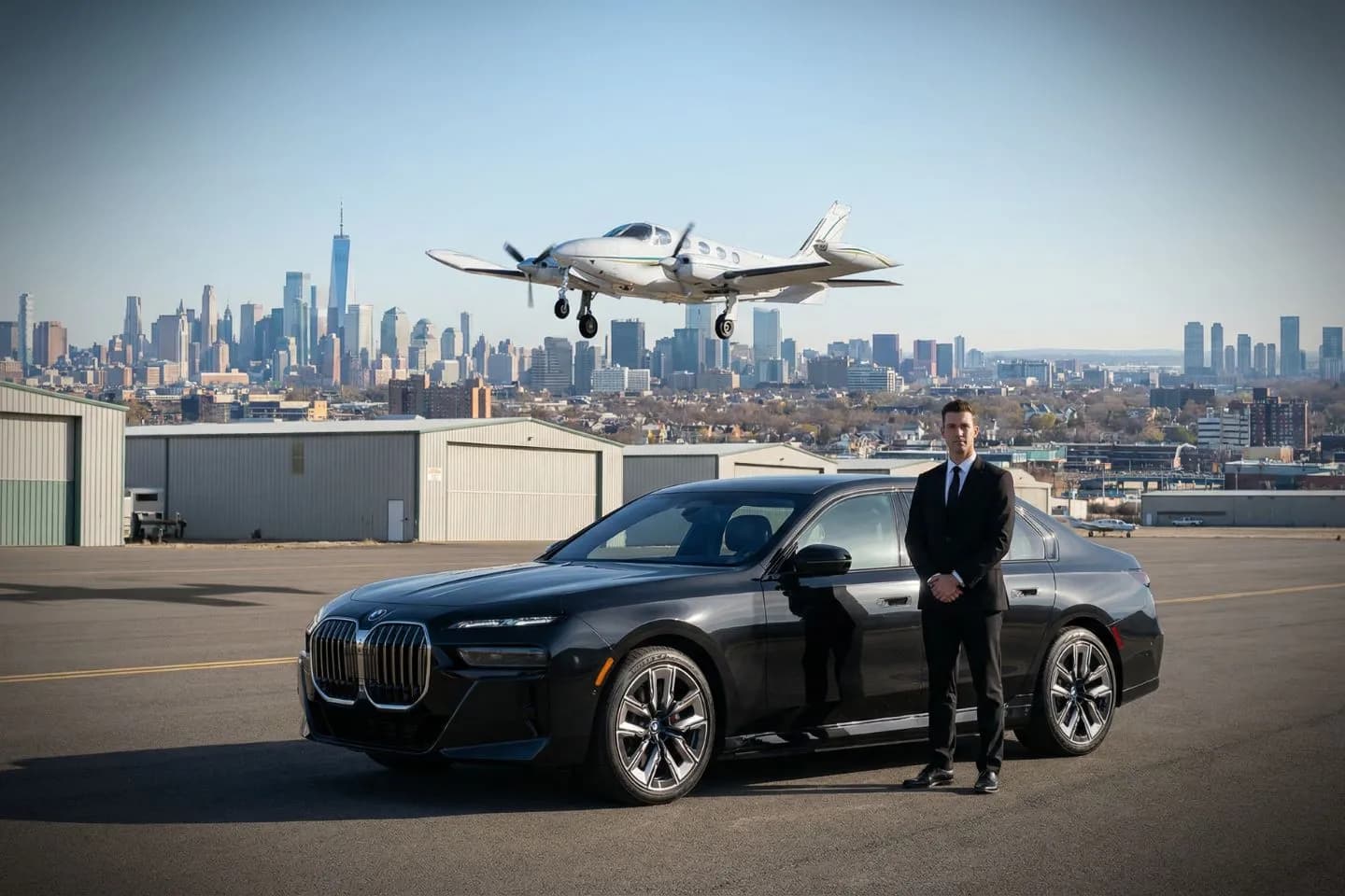 Airport pickup scene showing New Mexico, NM Car Service driver assisting passenger with luggage