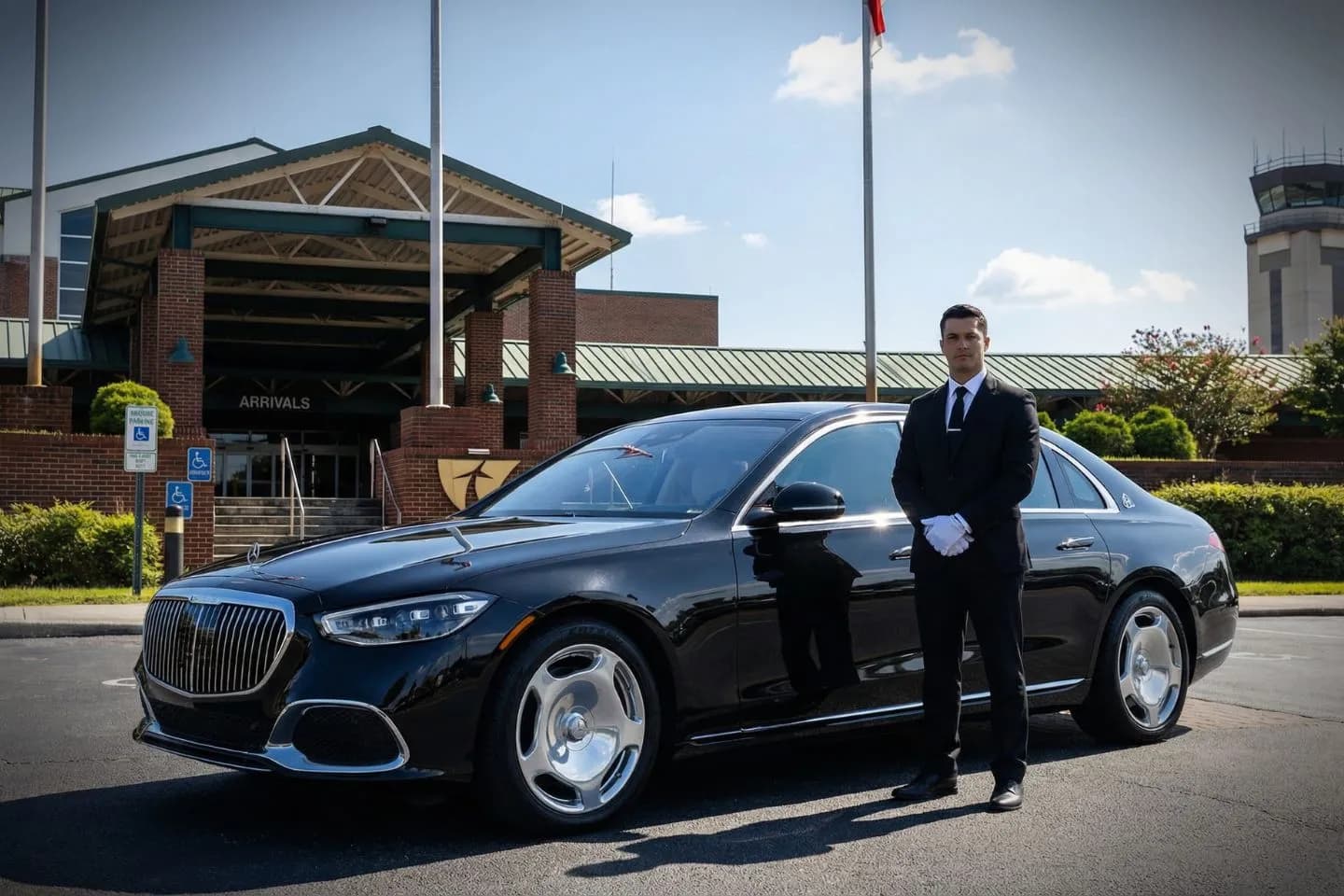 Luxury sedan from North Carolina, NC Car Service parked outside airport terminal with professional chauffeur