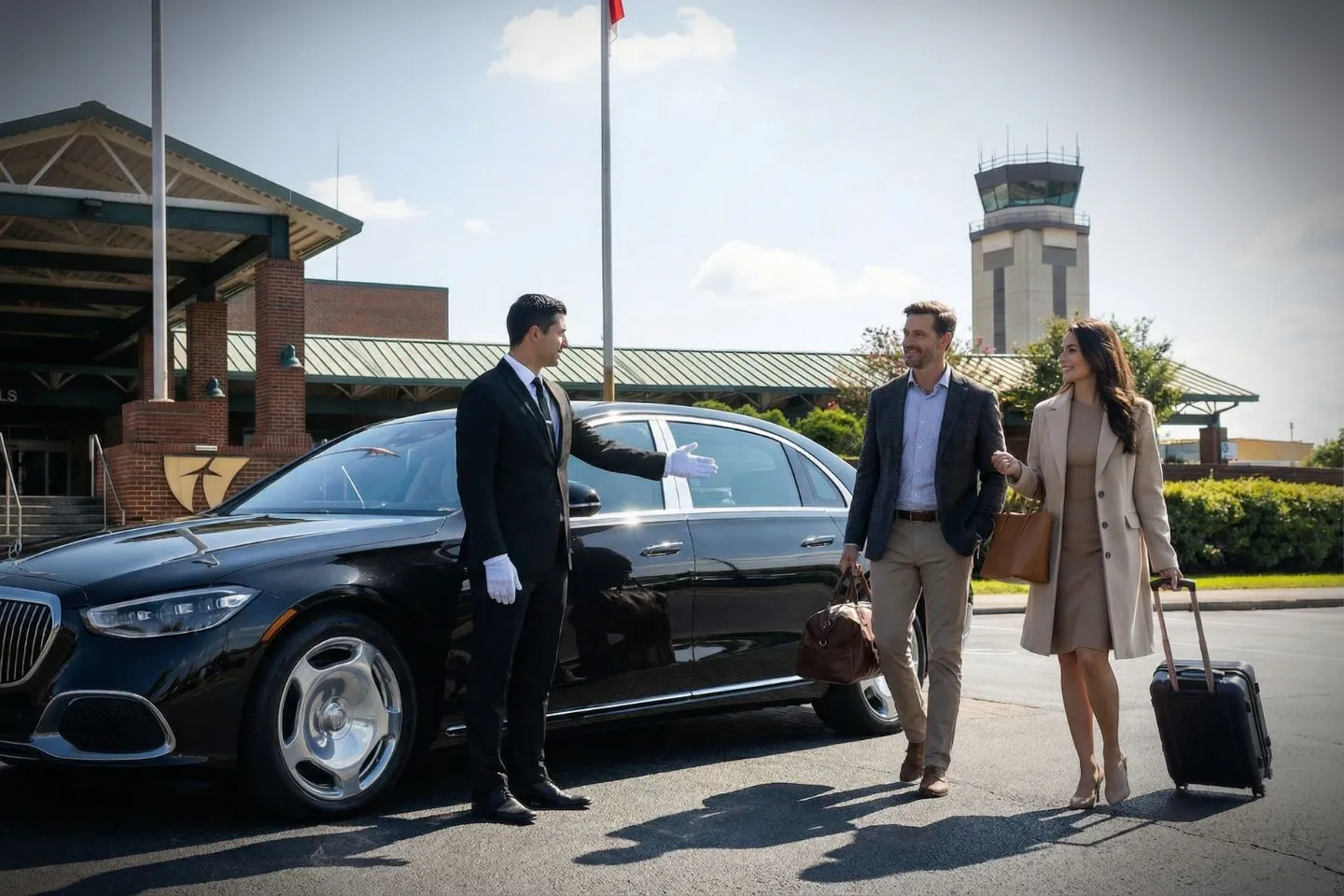 Chauffeur opening door for client using North Carolina NC car service in downtown business district